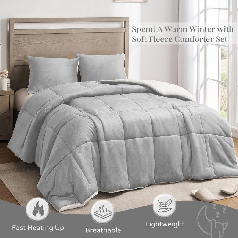 Basic Beyond Queen Comforter Set - Luxury Fleece Sherpa Comforter Sets for Queen Bed, Soft and Warm Queen Size Bedding Comforter Set for Winter, Grey, 88"x88" - Image 2